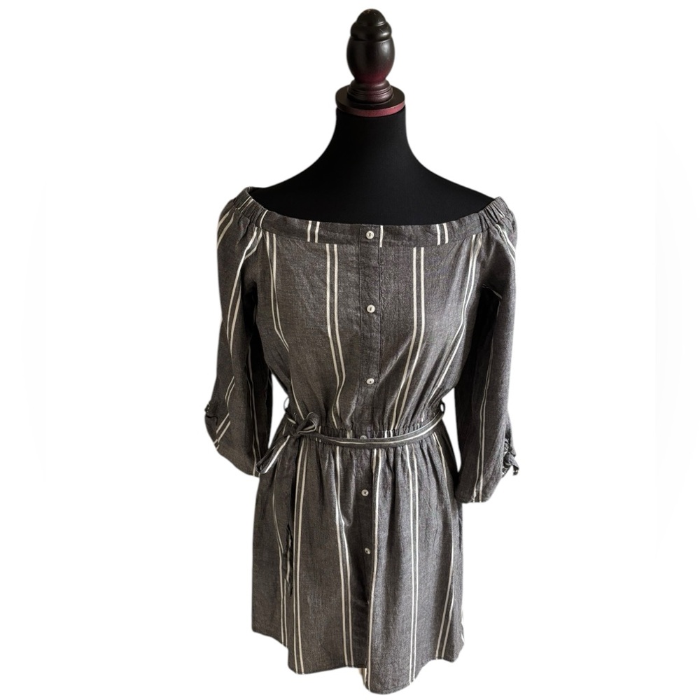 Striped Off-Shoulder Dress with Belt